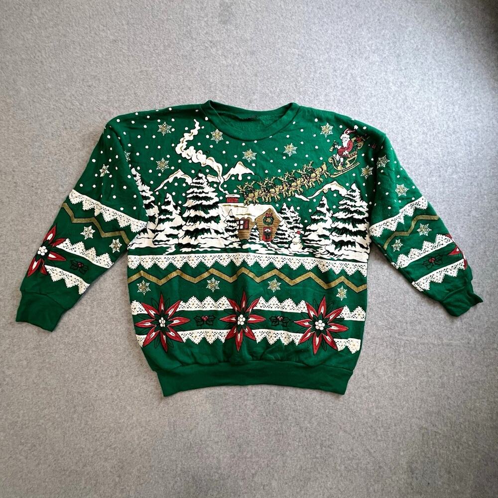 Christmas Santa Sleigh Graphic Crewneck Sweatshirt Unisex Adults Green Winter